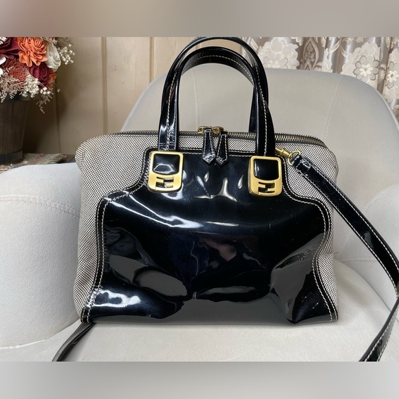 Fendi Convertible Satchel Chameleon Black Patent Leather & Canvas Handbag - Picture 1 of 15